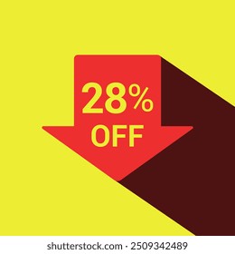 28% off venda seta tag ícones. Vinte e oito por cento de desconto, ícone de seta plana desconto. Símbolo de oferta especial. Amarelo e vermelho. Ilustração vetorial.