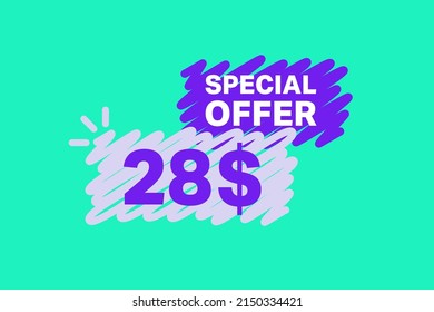 28$ OFF Sale Discount banner shape template. Super Sale 28 Dollar Special offer badge end of the season sale coupon bubble icon. Modern concept design. Discount offer price tag vector illustration.