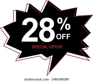28% off special offer. Banner with twenty-eight percent discount on a black and red balloon.