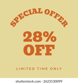 DESCONTO DE 28%. Oferta especial 28%, apenas por tempo limitado. Estilo retro 80s 90s. Ilustração de vetor vintage.