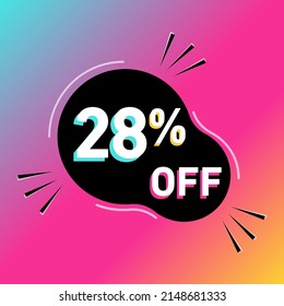 28 % off vector illustration. Twenty eight percent sales promotion. Rounded shape. White, black, blue, yellow and pink.Colorful shadows. Gradient background.