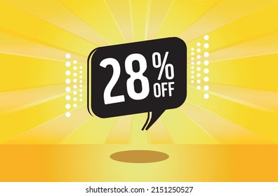 28% off. Yellow banner with twenty eight percent discount on a black balloon for mega big sales.