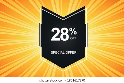28% off. Yellow banner with twenty-eight percent discount on a black balloon for mega offers.


