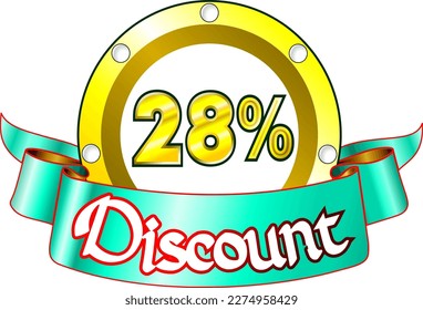 28% de descuento, disco amarillo y cinta verde, ilustración vectorial para mayorista y minorista, arte ilustrativo, ilustración hermosa, vector. ¡Dios es bueno!