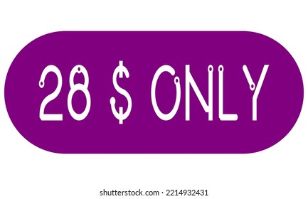 28$ sólo etiqueta de signo con ilustración de arte vectorial. Vocador para etiqueta, banner, sello con fuente elegante y fondo morado.