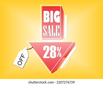28 PERCENT DISCOUNT, RED BIG SALE INDICATIVE FLOATING ARROW WITH WHITE FONT AND DETAILS, YELLOW BACKGROUND