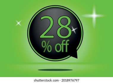 28 percent off black balloon and floating. with green background, banner 28% off green, shadow