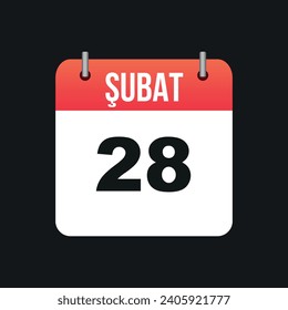 Şubat 28, Red and White Color Calendar Page Black Outline