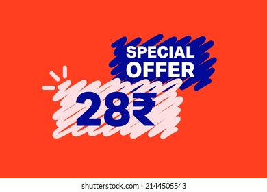 28 Rupee OFF Sale Discount banner shape template. Super Sale 28 Indian rupee Special offer badge end of the season sale coupon bubble icon. Discount offer price tag vector illustration.