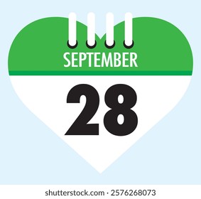 28 September calendar icon green heart shape on light sky blue color background, calendar vector symbol for the month of September.