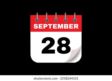 28 September calendar icon text page monthly web design on red, white and black background vector, icon, or illustration with the month of September 28