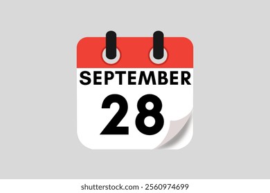 28 September calendar icon text page monthly web design on red, white, black and ash background vector, icon, or illustration with the month of September 28