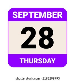 28 de septiembre, jueves. Plantilla de fecha. Diseño útil para la promoción de calendarios o eventos. Ilustración vectorial Archivo EPS 10. 