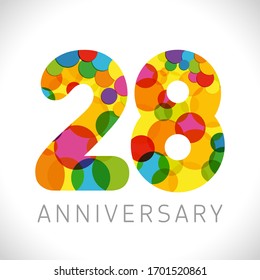 28 th anniversary numbers. 28 years old multicolored congrats. Cute congratulation concept. Isolated abstract graphic design template. Age digits. Up to 28%, -28% percent off discount. Decorative sign