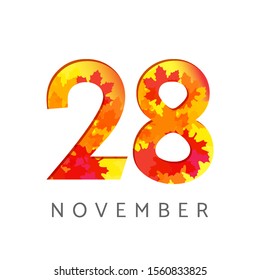 28 th of November calendar numbers. 28 years old autumn logotype. Anniversary digits with leaves. Isolated abstract graphic design template. White background. Up to 28% percent off creative discount.