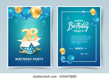 28 th years birthday vector invitation double card. Twenty eight years anniversary celebration brochure. Template of invitational for print on blue background