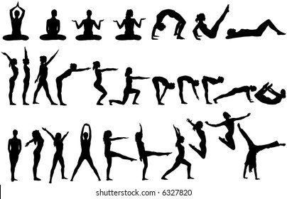 28 Vector silhouettes of women doing Yoga and Exercise.