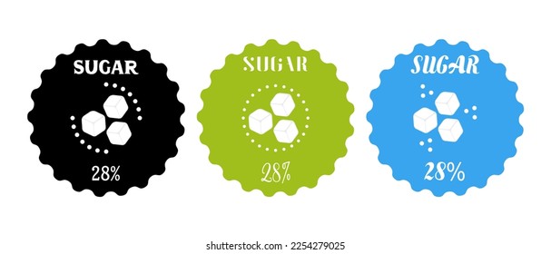 28% Vector sugar cubes set in circle icon. Food packaging decoration element. Sweet, nutritious, tasty sugar. Sugar Logo. Vector illustration. Black,green and blue color.