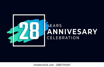 28 Year Anniversary Celebration with Blue Brush and Square Symbol. Happy Anniversary Greeting Celebrates Event Isolated on Black Background