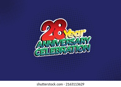 28 year anniversary celebration fun style logotype. anniversary logo with red, purple and blue color isolated on red background, vector design for celebration, invitation and greeting card - Vector