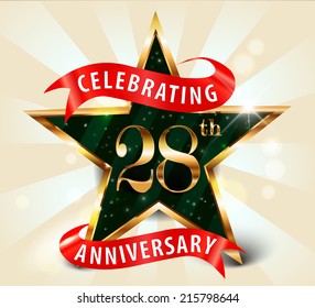 28 year anniversary celebration golden star ribbon, celebrating 28th anniversary decorative golden invitation card - vector eps10