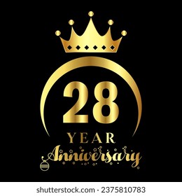 28 year anniversary celebration. Anniversary logo with crown and golden color vector illustration.