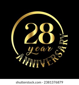 28 year anniversary celebration. Anniversary logo with golden color vector illustration.