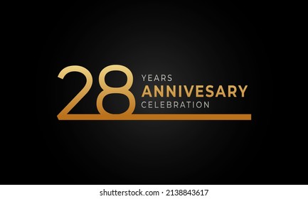 28 Year Anniversary Celebration Logotype with Single Line Golden and Silver Color for Celebration Event, Wedding, Greeting card, and Invitation Isolated on Black Background