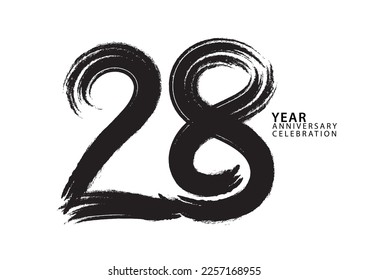 28 year anniversary celebration logotype black paintbrush vector, 28 number design, 28th Birthday invitation, anniversary template, logo number design vector, calligraphy font, typography logo