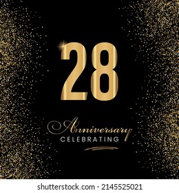 28 Year Anniversary Celebration Vector Template Design Illustration. 28 years golden anniversary sign. Gold glitter celebration. Light bright symbol for event, invitation, award, ceremony, greeting.