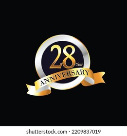 28 Year Anniversary celebration Vector Design with ring and ribbon. 28th Anniversary celebration. Gold Luxury Banner of 28th Anniversary celebration. twenty-eight celebration card.