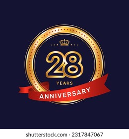 28 year anniversary logo with gold ring and red ribbon, vector template