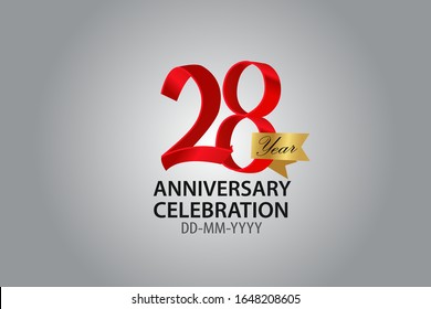 28 Year Anniversary Red Color Ribbon style with Golden Ribbon Color on Grey Background for banner, birthday card, invitation card, poster - Vector