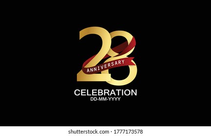 28 year anniversary red ribbon celebration logotype. anniversary logo with Red text and Spark light gold color isolated on black background, design for celebration, invitation - vector