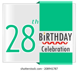 28 year birthday, 28th birthday celebration card with vibrant colors and ribbon - vector illustration