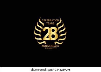 28 year minimalist logo years, jubilee, greeting card. Birthday invitation. Sign wings Line Gold space vector illustration on black background - Vector