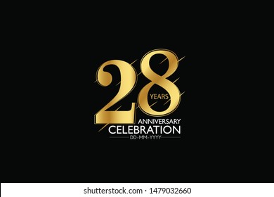 28 year minimalist logo years, jubilee, greeting card. Birthday invitation. Sign Gold space vector illustration on black background - Vector