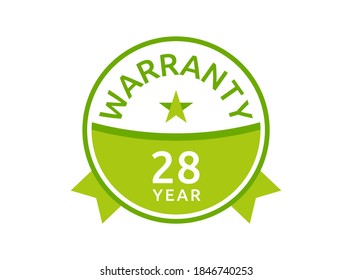 28 Year Warranty logo icon button stamp vectors, 28 years warranty green badges isolated on white background