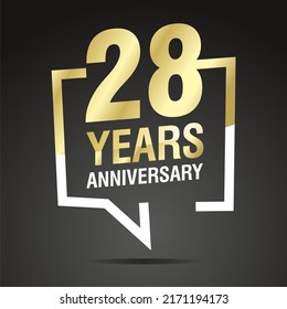 28 Years Anniversary celebrating, gold white speech bubble, logo, icon on black background