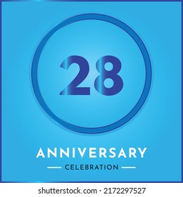 28 years anniversary celebration with circle frame isolated on sky blue background. Creative design for happy birthday, wedding, ceremony, event party, marriage, invitation card and greeting card.