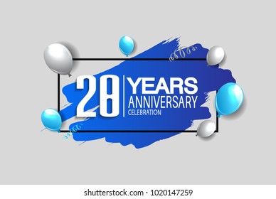 28 years anniversary celebration design with blue brush and balloons isolated on white background