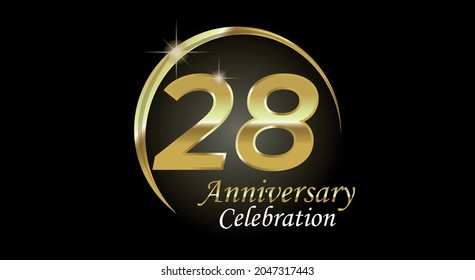 28 years anniversary celebration. Anniversary logo with ring in golden color isolated on black background with golden light, vector design for celebration, invitation card and greeting card