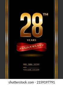 28 years anniversary celebration logotype with elegant gold color and ribbon for booklet, leaflet, magazine, brochure poster, banner, web, invitation or greeting card. Vector illustrations.
