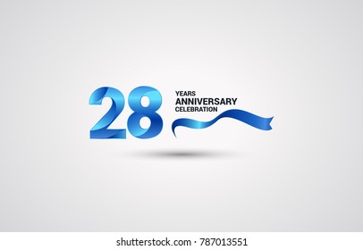 28 Years Anniversary celebration logotype colored with shiny blue, using ribbon and isolated on white background