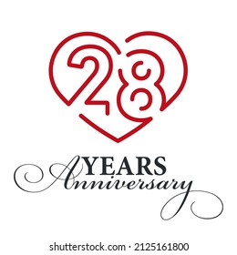 28 years anniversary celebration number thirteen bounded by a loving heart red modern love line design logo icon white background