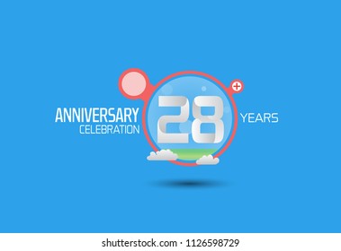 28 years anniversary design with pop art style red circle and cloud isolated on blue background