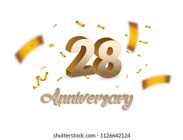 28 Years Anniversary with golden 3d number and blur confetti isolated on white background