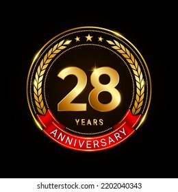 28 years anniversary, golden anniversary celebration logotype with red ribbon isolated on black background, vector illustration