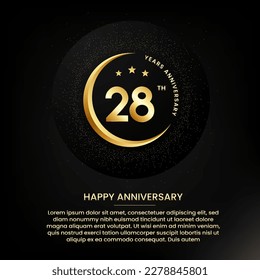 28 years anniversary with a half moon, stars, glitter and editable speech text. Golden half moon anniversary banner template with a golden number