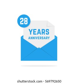 28 years anniversary icon in blue open letter. concept of send sms, e-mail, decorative feast, success emblem, advertisement typography. flat style trend logotype graphic design on white background